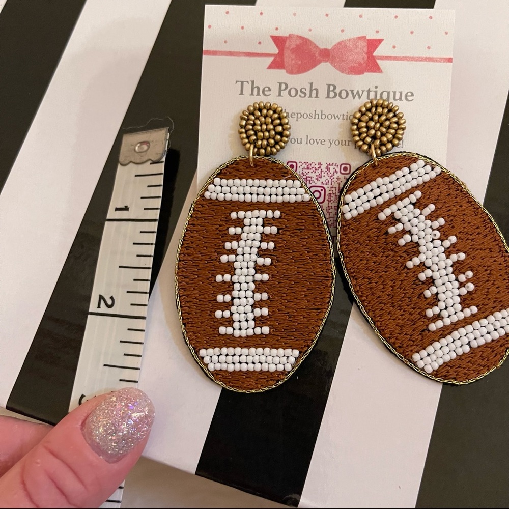 Football Seed Beaded Game Day Brown Oval Earrings with White Bead Laces - Picture 10 of 10
